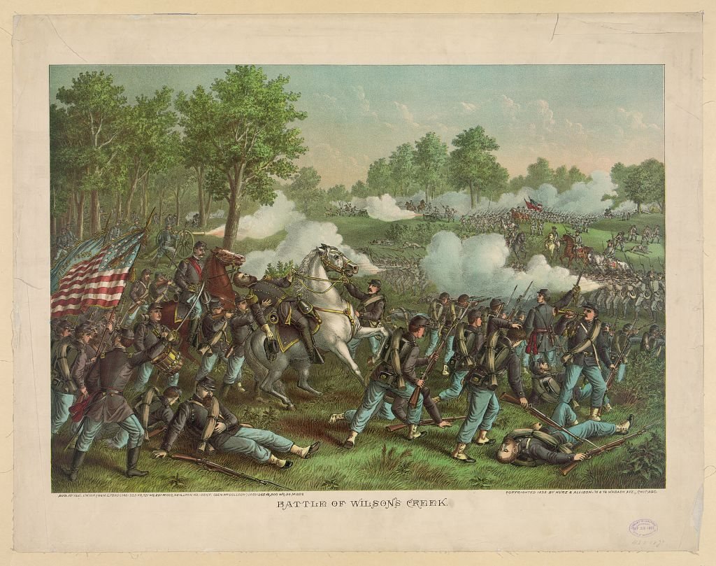 Color lithograph of Union and Confederate troops fighting at the Battle of Wilson's Creek